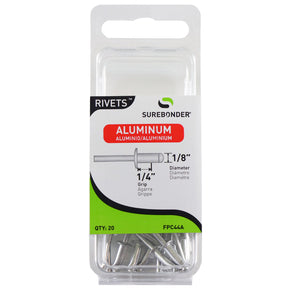 Surebonder 1/8 x 1/4 aluminum blind rivets for securing thin sheet metal, plastic, and composite materials