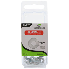 1/8" aluminum rivet backup washers (30-pack) prevent pull-through and reinforce light-duty fastenings in thin materials.