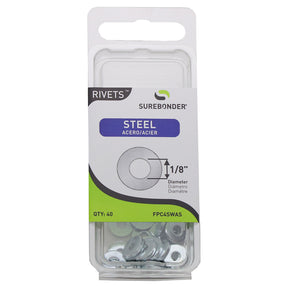 1/8" steel rivet backup washers (40-pack) for secure fastening, preventing pull-through in metalwork, automotive, and repairs.