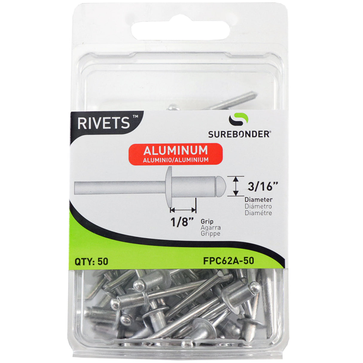 Surebonder 3/16 x 1/8 aluminum blind rivets for securing metal, plastic, and fiberglass materials