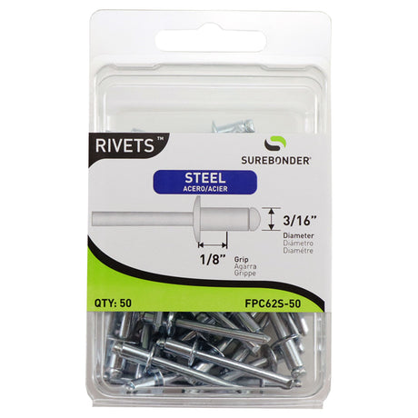 FPC62S-50 Short Steel Rivets - 3/16" Diameter, 1/8" Grip - 50 Count