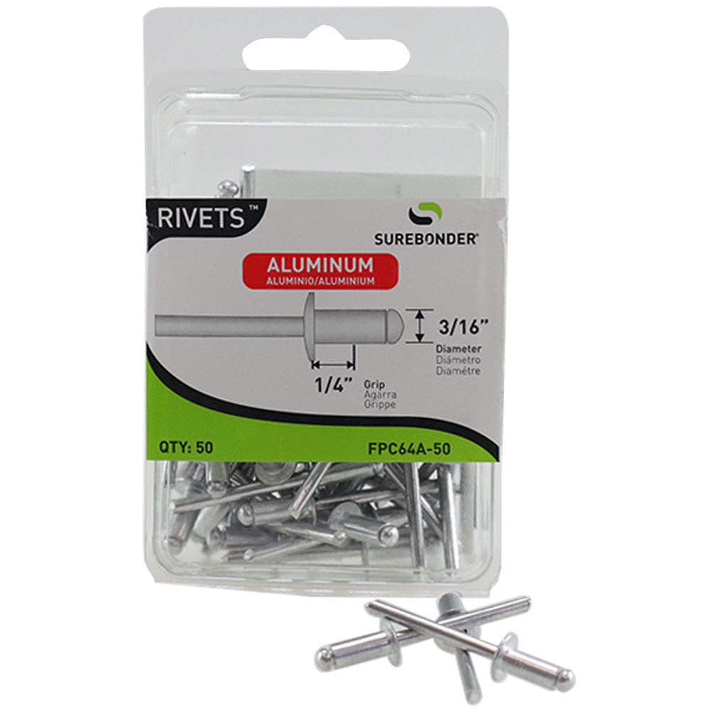 50-pack corrosion-resistant aluminum rivets for metal, plastic, and fiberglass fastening