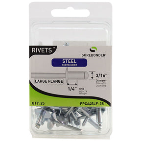 FPC64SLF-25 Large Flange Short Steel Rivets - 3/16" Diameter, 1/4" Grip - 25 Count