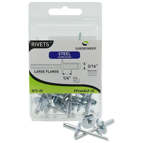 FPC64SLF-25 Large Flange Short Steel Rivets - 3/16" Diameter, 1/4" Grip - 25 Count - Surebonder