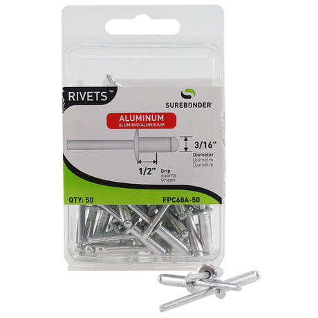 50-pack corrosion-resistant aluminum rivets for secure fastening on plastic and fiberglass