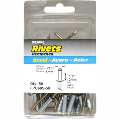 FPC68S Long Steel Rivets - 3/16" Diameter, 1/2" Grip - 12 Count