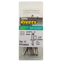FPC68SS Long Stainless Steel Rivets - 3/16" Diameter, 1/2" Grip - 12 Count