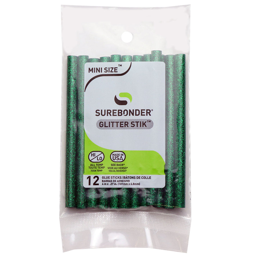 Green Glitter Hot Glue Sticks Mini Size - 4" - 12 Pack